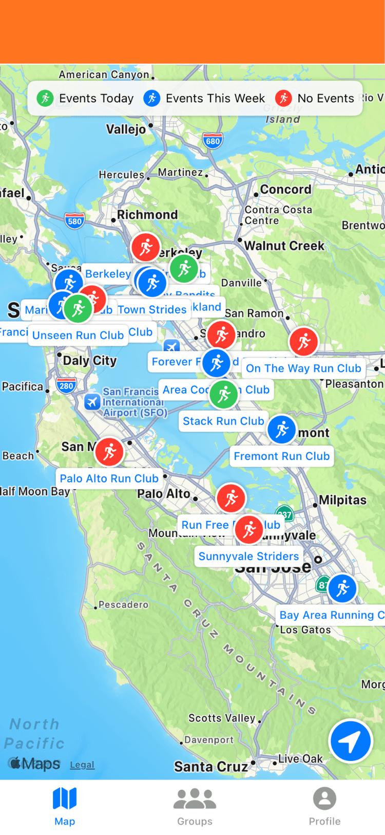 App screen showing run club discovery